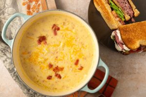 Cheddar Bacon and Potato Soup with Roast Beef Club Sandwich
