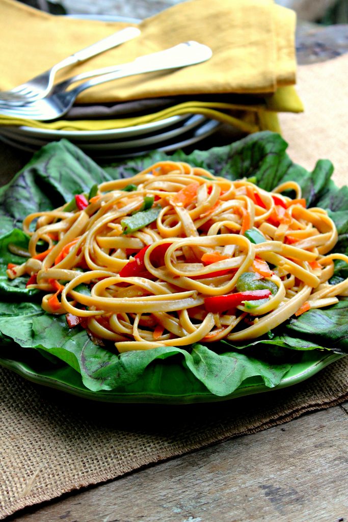 Asian Noodle Salad sitting on a bed of fresh lettuce