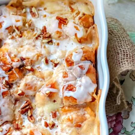 Peach Cream Cheese Cinnamon Roll Breakfast Casserole