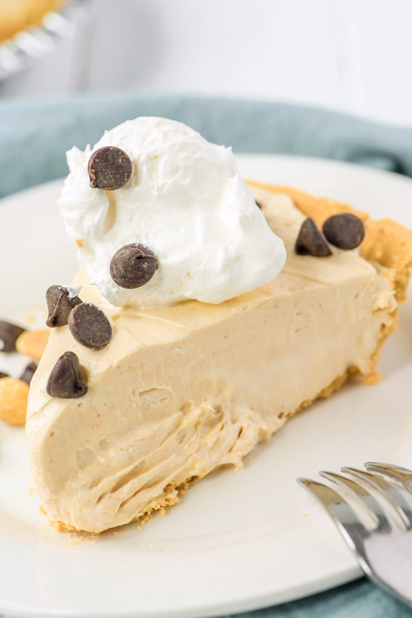 Smooth and creamy peanut butter mixture in a graham cracker crust with a dollop of whipped cream