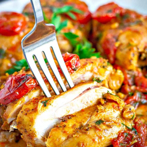 Pan Roasted Chicken Thighs with Cherry Tomatoes