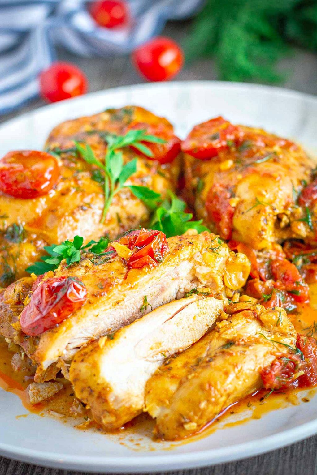 Pan Roasted Chicken Thighs with Cherry Tomatoes - Bunny's Warm Oven