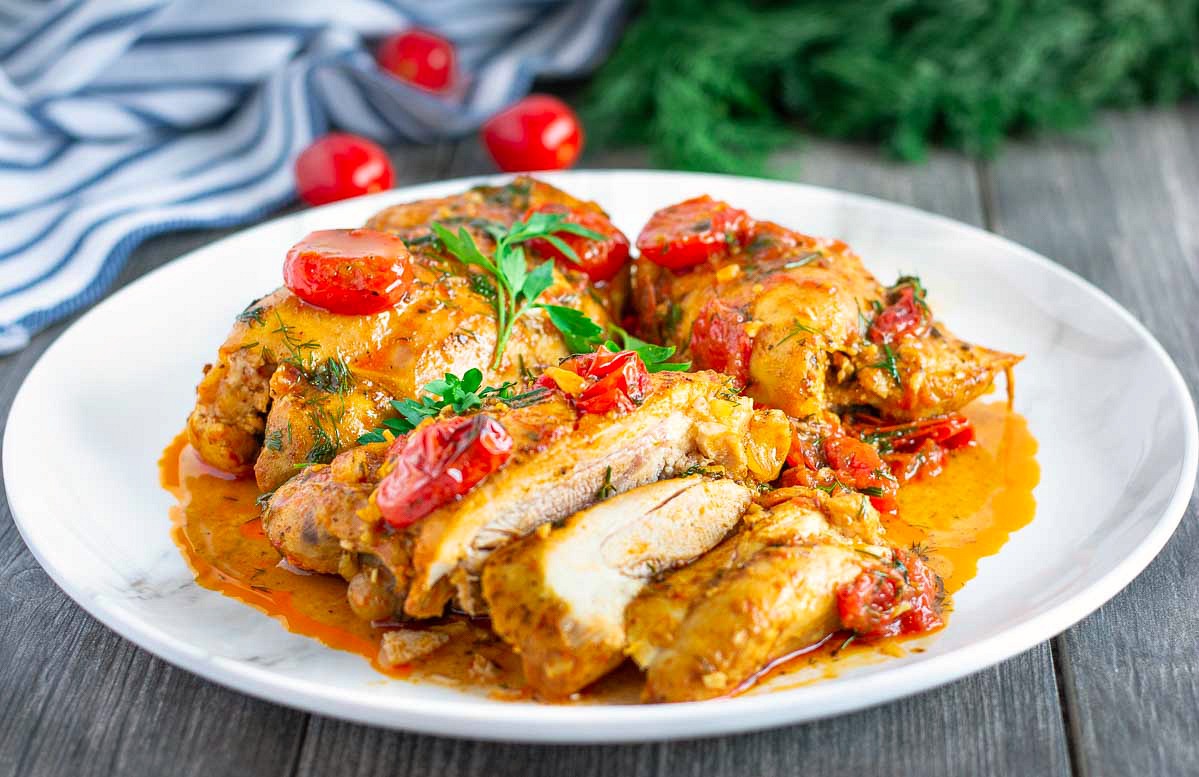 Pan Roasted Chicken Thighs with Cherry Tomatoes